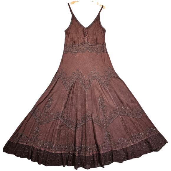 Sakkas Dress Womens L/XL Brown Embroidered Boho Maxi Festival Whimsical Goth - Picture 1 of 15